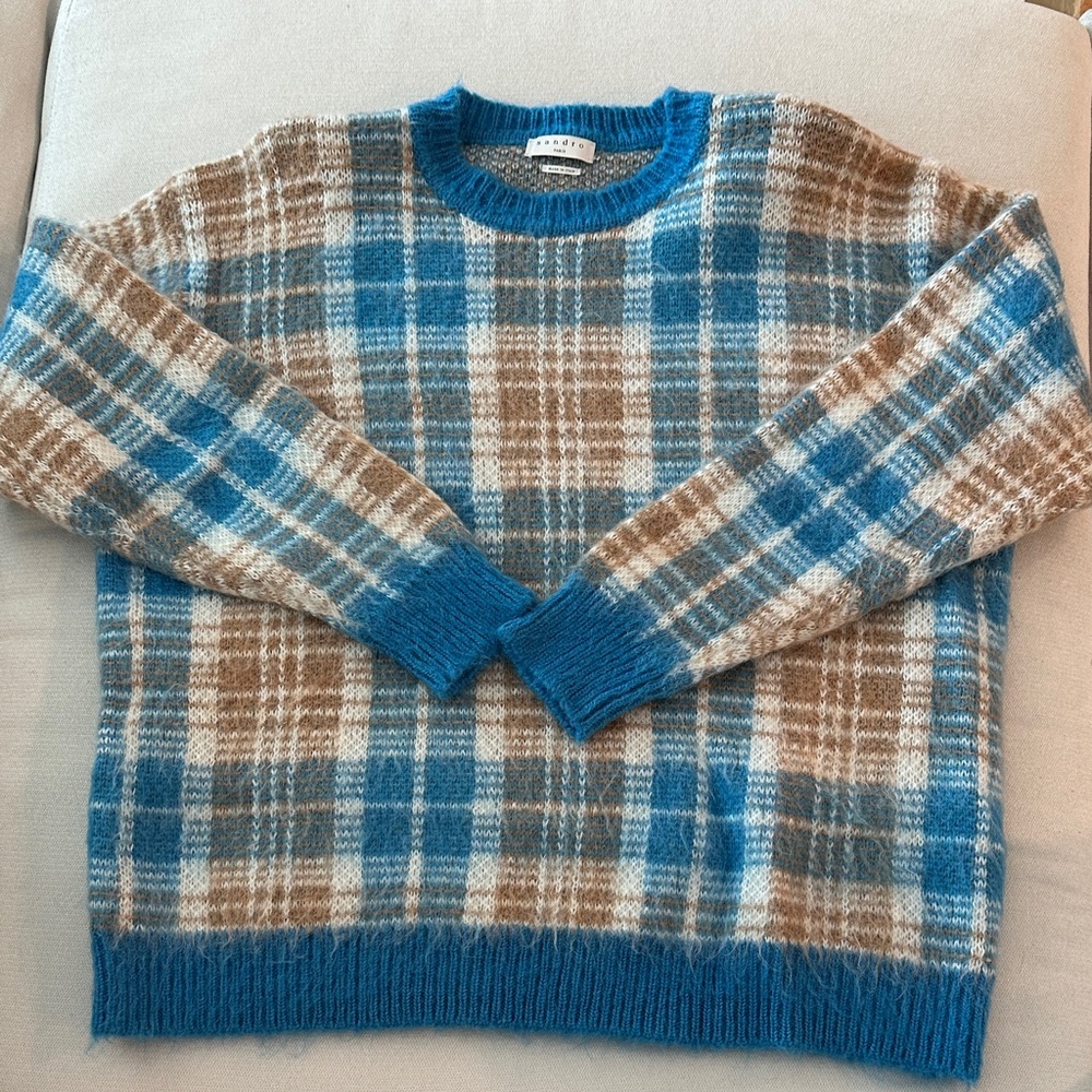 Sandro Blue and Brown Plaid Crewneck Sweater
